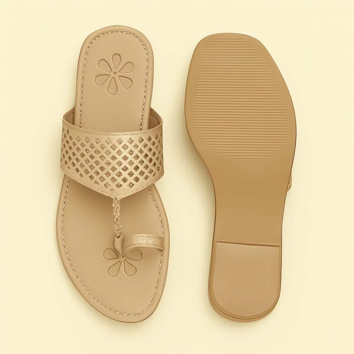 Women's Beige Kolhapuri Style Toe Ring Flats – Woven Slip-On Sandals - Image 4