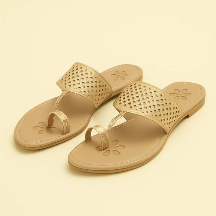 Women's Beige Kolhapuri Style Toe Ring Flats – Woven Slip-On Sandals - Image 3